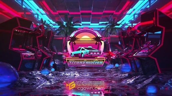 老式街机室场景Retrowave老虎机游戏介绍标志-AE模板
