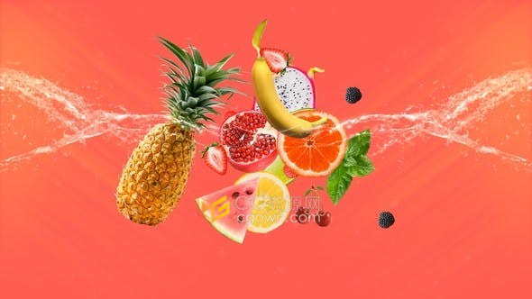 新鲜水果飞溅水动画热带水果店果汁宣传介绍视频片头-AE模板