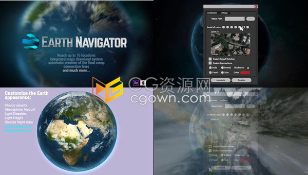 AE模板-地球导航器地球连接网络空间全球地图俯冲旋转变焦动画