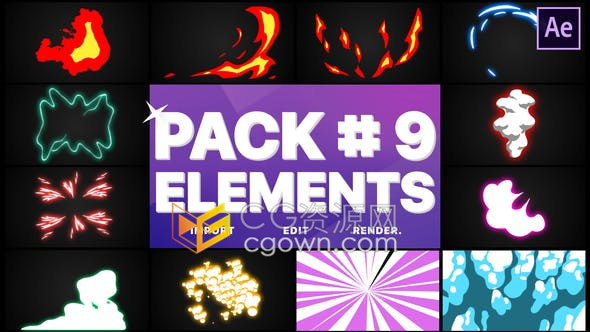 Flash FX Elements 12种卡通手绘发光爆炸能量火焰烟雾-AE模板