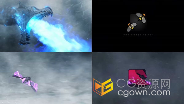 冰天雪地暴风雪背景神话飞龙喷发魔法粒子火焰LOGO显现AE模板片头