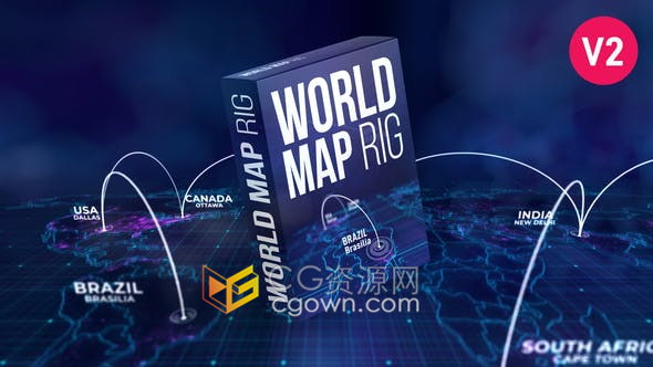 World Map Rig V2 三维世界地图位置坐标3D连线互联网络全球信息通信动画-AE模板