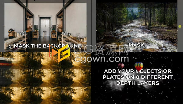 简单的图片转三维摄像机投射动态视频深度遮罩动画器AE模板+AE脚本下载