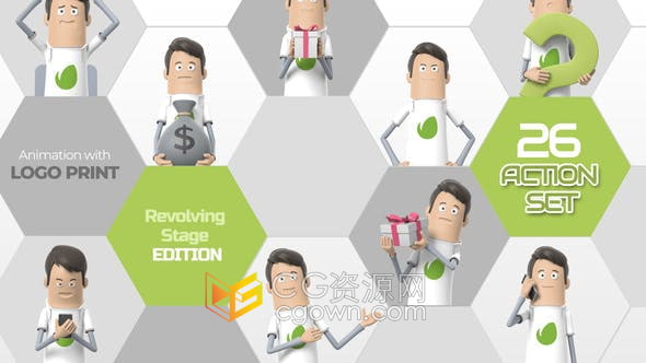 26组动作3D卡通人物带LOGO衣服说话口型同步MG动画视频AE模板