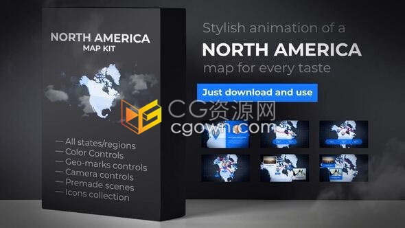 北美地图国家位置标记地图生成器介绍动画视频效果制作-AE模板下载