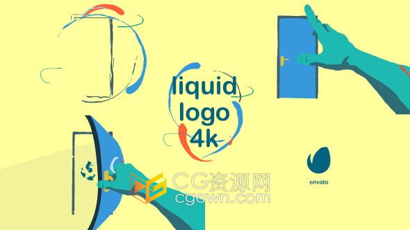 AE模板-卡通手绘液体演绎人手开门展示品牌标志LOGO动画