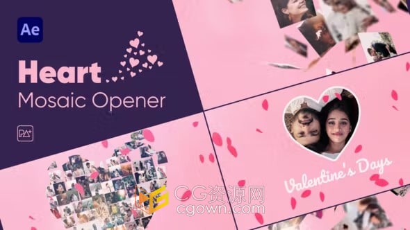 AE模板-心形马赛克图案照片墙婚礼纪念日情人节浪漫时刻视频开场