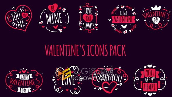 9组设计粉红色情人节图标文字标题徽章视频字幕动画效果-AE模板