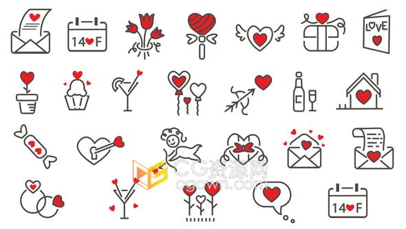 24 Love Icons爱心心形图标元素动画效果素材视频-AE模板