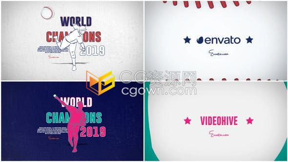 AE模板-卡通手绘动画棒球运动投球射向镜头LOGO显示片头动画