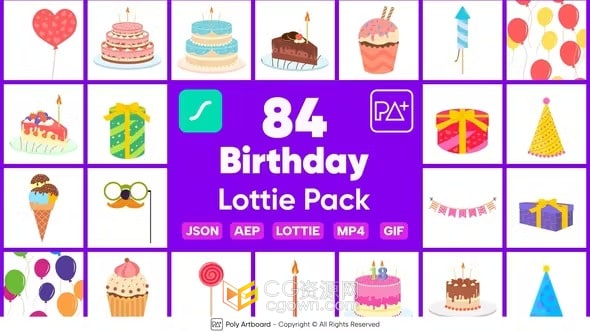 AE模板-84个基于矢量的动画彩色生日图标元素Lottie