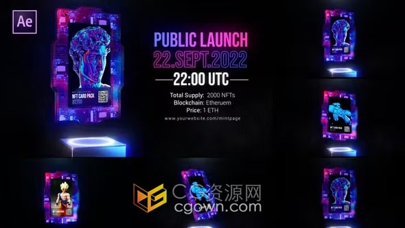 NFT卡片元素循环展示动画霓虹灯效果AE模板下载