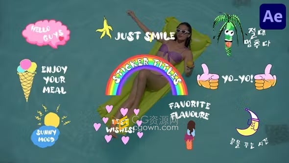 有趣甜美的卡通风格彩色贴纸标题文本动画AE模板