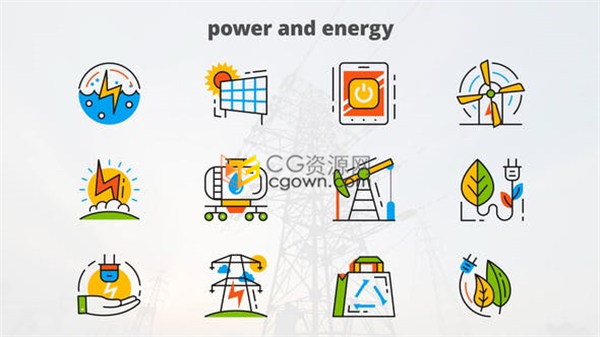 12组相关电能量方面动态解说视频图标Icons图形动画效果-免费下载AE模板
