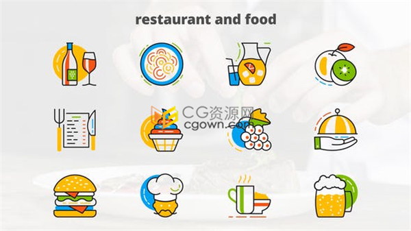 餐饮食品食物相关方面Icons动画图标设计图形视频效果-免费AE模板
