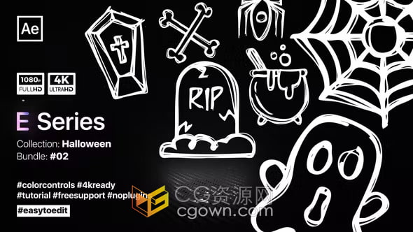 Doodle Halloween Elements AE模板涂鸦线条图标万圣节元素