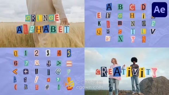 数字符号前卫和做旧的字母动画创意叠加元素AE模板