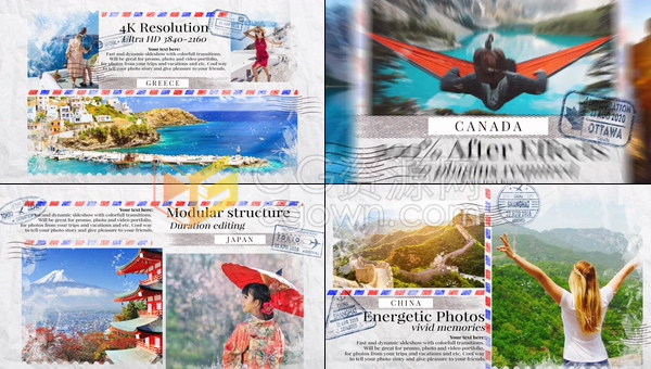 旅游明信片画面设计风格展示照片动画旅游宣传相册视频效果制作-AE模板下载