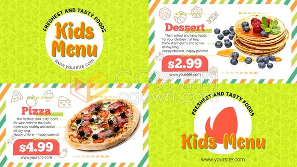 精美卡通风格儿童食品快餐菜单餐厅披萨食物价格广告视频制作-AE模板下载