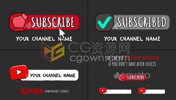 卡通涂鸦涂鸦抖动图形Vlog视频博客主页订阅按钮字幕条动画效果-免费AE模板