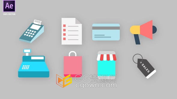 POS商店标签卡片篮子包包购物图标电商平台商场促销解释动画-AE模板
