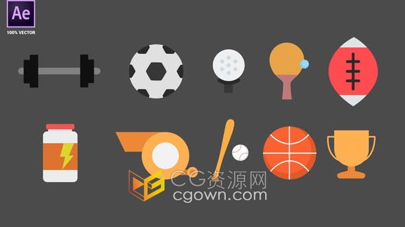 篮球橄榄球足球乒乓球哨子奖杯运动动画图标元素-AE模板
