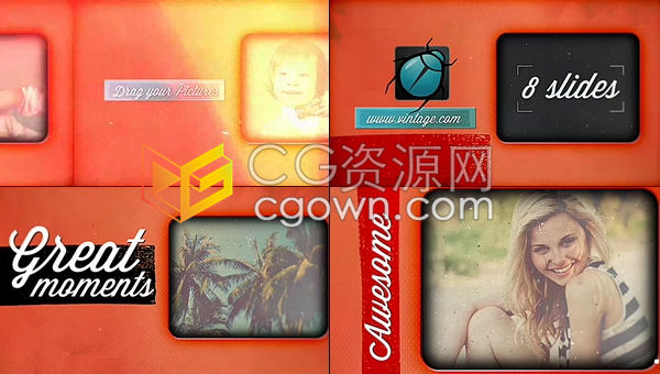 老式照相机拍照闪光灯效果复古儿童相册怀旧明信片展示幻灯片-AE模板下载