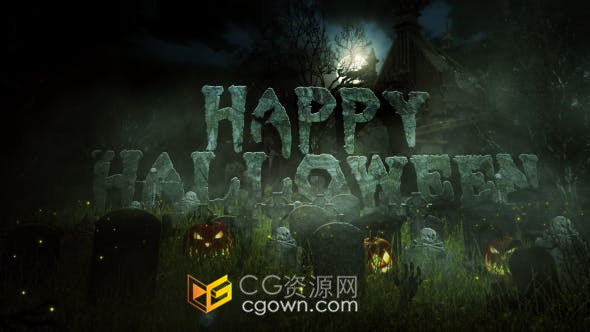 Halloween Logo万圣节视频片头狼叫僵尸蝙蝠恐怖3D动画-AE模板