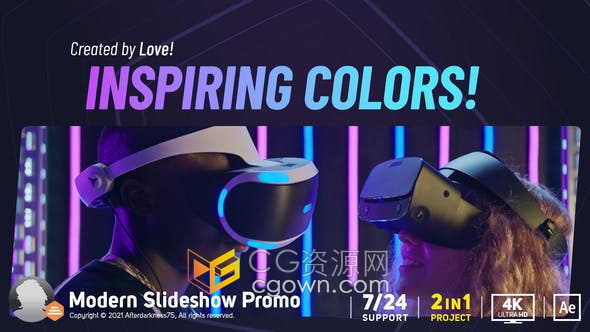 AE模板-时尚故障动态活力霓虹灯幻灯片电子竞技VR游戏介绍宣传片