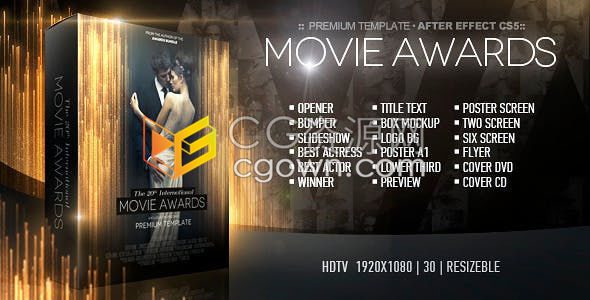 奥斯卡颁奖典礼海报屏幕黄金粒子线条晚会背景包装婚礼视频年会活动幻灯片-AE模板