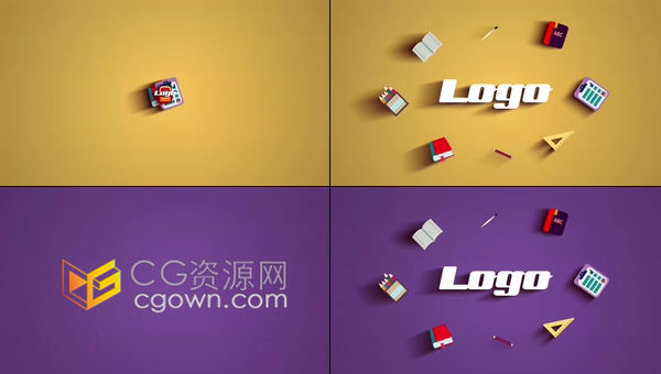 AE模板-学校开学儿童机构宣传LOGO片头书包笔记本纸笔学习用品图标演示动画