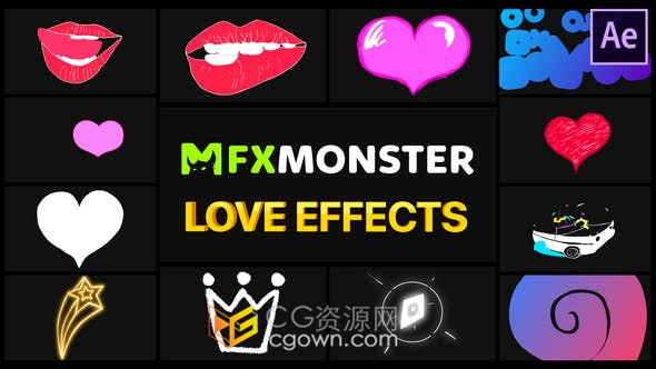 Love Effects浪漫心形状卡通图形动画12种效果-AE模板