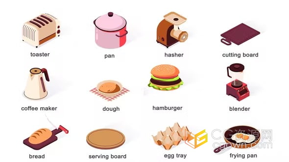 厨房用品等距图标循环动画私坊烘焙快餐服务动画图标-AE模板