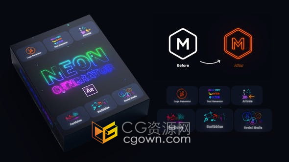 AE模板-霓虹灯FX发生器快速制作文字标题LOGO图标发光动画效果视频
