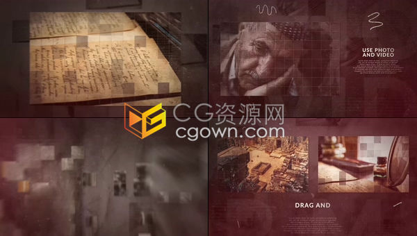 AE模板-历史怀旧风格方块汇聚老照片视频相册复古时间线记录片