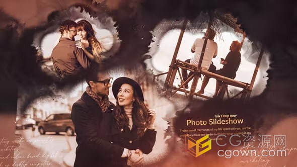 滴墨晕开老旧复古水彩风格遮罩相册-AE视频模板