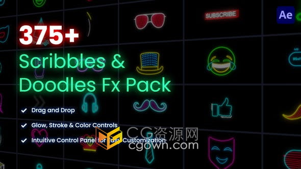 AE模板-375个卡通手绘霓虹发光创意元素图形动画素材Scribbles & Doodles FX