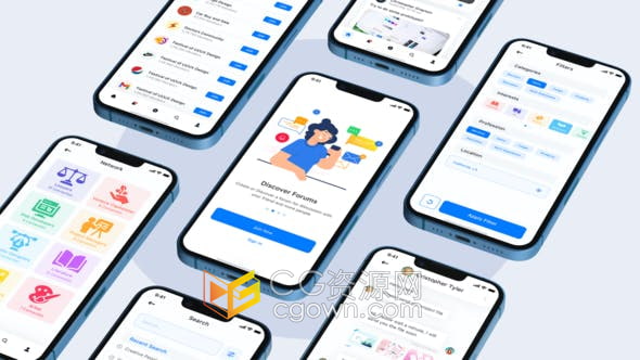 AE模板-3D蓝色iphone13样机模型动画展示移动应用程序演示产品营销推广