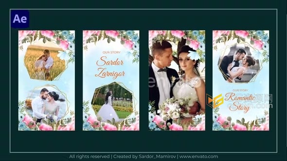 AE模板-清新淡雅花卉动画浪漫婚礼短视频请柬垂直版邀请函
