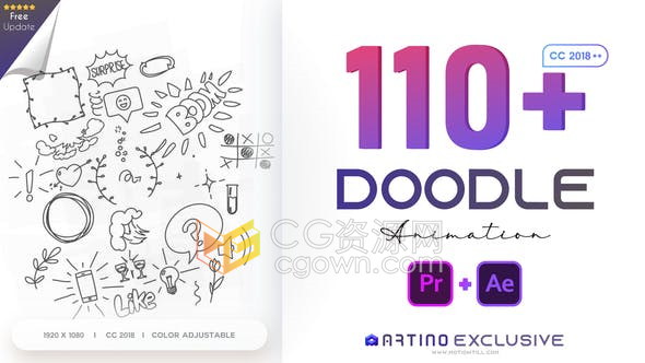 110 Animated Doodles卡通动作特效涂鸦线条花圈绘制边线摆动线视频效果-AE模板