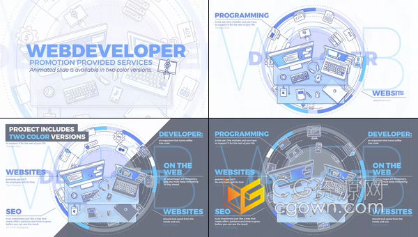 程序员工作场所插图动画Web网站开发网络图标演示宣传视频-AE模板