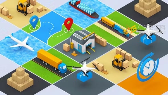 物流运输快递送货交通工具主题动画3D等距图形元素-AE模板