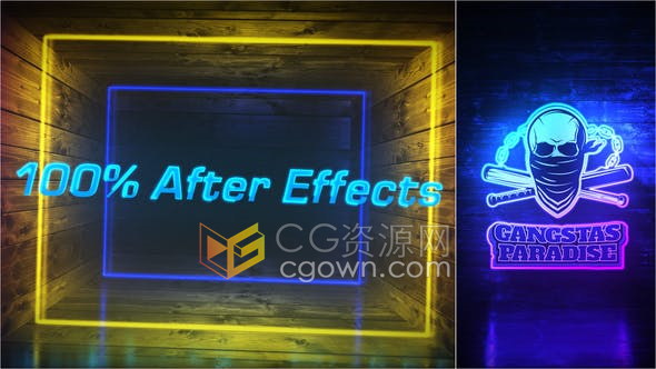Grunge Neon霓虹灯立方体木材通道场景动画LOGO片头-AE模板