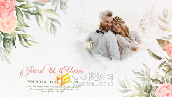 AE模板-婚礼请柬幻灯片浪漫插画元素展示照片视频相册