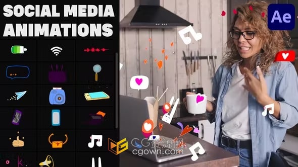 社交媒体抖音小视频编辑制作叠加卡通贴纸元素-AE模板