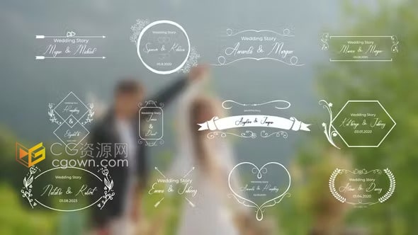 AE模板-12个复古优雅婚礼标题新郎新娘名字封面图标徽章动画