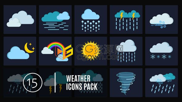 4K天气预报解说天气图标包括多云大雾大雨闪电彩虹晴天多云雷暴大风等-AE模板