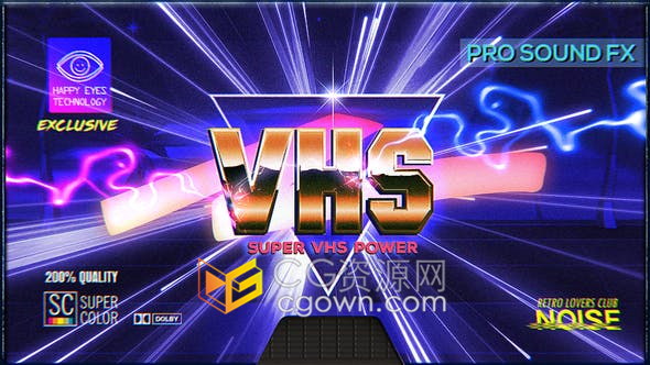 炫酷电音VHS效果闪电复古霓虹灯开场片头-AE模板