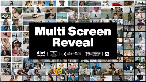 AE模板-现代独特的马赛克照片墙多帧视频墙标志片头含垂直版