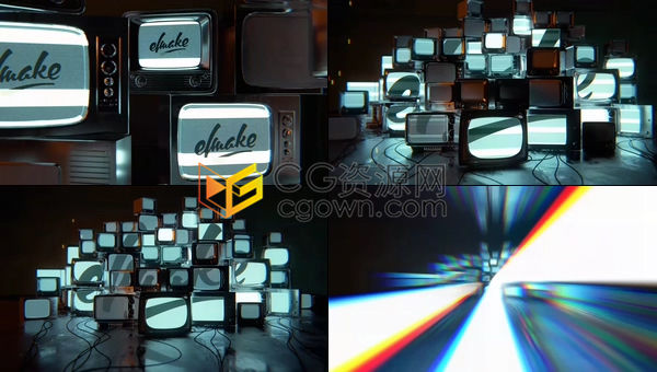 复古老电视堆屏幕雪花信号故障花屏效果火花掉落标志片头-AE模板